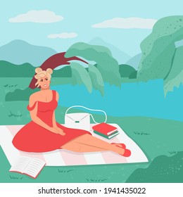 Woman in red dress sitting on the grass outdoor in forest or city park vector flat cartoon illustration. Healthy, active, and calm lifestyle, summer relaxing. Girl near the lake.