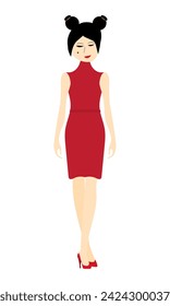 Mujer con un vestido rojo. Figura modelo delgada. Hermosa chica asiática con su pelo atado en dos bollos. Ilustración vectorial EPS 10.