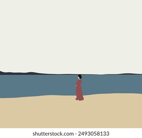 Woman in red dress standing on the beach looking at sea view landscape. Weekend, relax and lifestyle concept.