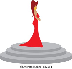 Woman in red dress standing on pedestal