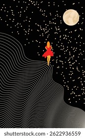Uma mulher com um vestido vermelho está em um padrão de arte superior abaixo da lua e estrelas.