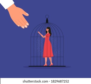 Woman In Red Dress Stay In Bird Cage. Hand Helping Woman To Escape. Freedom. Vector