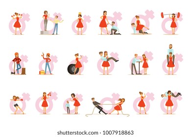 Woman In Red Dress Taking On Traditional Male Roles And Exchanging Places With Man, Series Of Feminism Illustration And Female Power