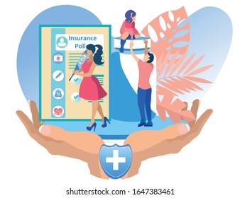 Woman in Red Dress. Thermometer in Hand near Insurance Policy and Man with Little Girl. Vector Illustration. Reliable Protection. Insurance Case. Health Insurance. Health Care. Jar Medicines.