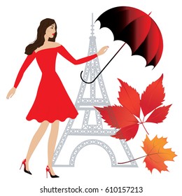 Woman in red dress with umbrella silhouette of Eiffel tower bright leaves art creative modern vector abstract illustration