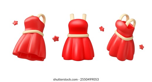 Woman red dress vector 3d icon set. Cartoon clothes illustration isolated on white background. Different positions collection. Summer fashion, retro style