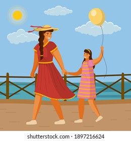 Woman in red dress and wide-brimmed hat leads the girl s hand in striped summer dress, with inflatable balloon. Sea embankment, sea, ocean, bright sun, clear sky. Boat trip, summer resort relaxation