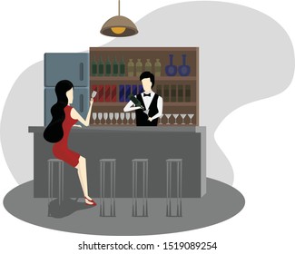 Woman in red dresses hangout in the bar, vector drawing 