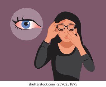 
Woman with Red Eyes Problem Removing Glasses Vector Illustration. unhappy person suffering from painful itchy sensation and ocular redness 