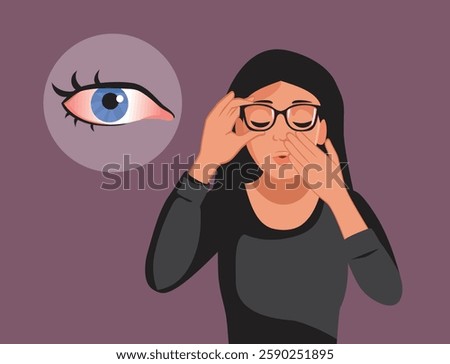 
Woman with Red Eyes Problem Removing Glasses Vector Illustration. unhappy person suffering from painful itchy sensation and ocular redness 