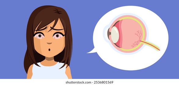 Mujer con ojos rojos que sufre Ilustración vectorial de fatiga. Sección transversal del ojo que tiene un problema de enrojecimiento