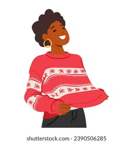 Woman In Red Festive Christmas Sweater, Adorned With Vibrant Snowflake Patterns And Joyful Smile Adds A Touch Of Holiday Cheer To The Season. Happy Female Character. Cartoon People Vector Illustration