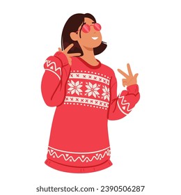 Woman In Red Festive Christmas Sweater, Adorned With Vibrant Holiday Patterns And Colors. Confident Female Character Posing, Radiates Seasonal Cheer And Warmth. Cartoon People Vector Illustration