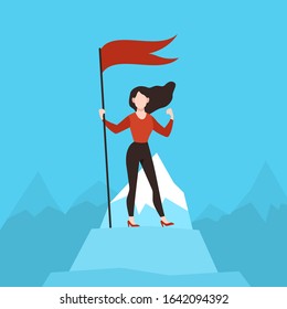 Woman with red flag on peak. Business woman on mountain top. Financial success, achievement goal, career growth successful manager and successfully idea vector concept