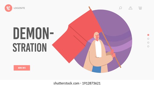 Woman with Red Flag on Revolution, Rally Demonstration, Strike Landing Page Template. Female Character with Pennant Banner or Sign Fighting for Human Rights, Protesting. Cartoon Vector Illustration