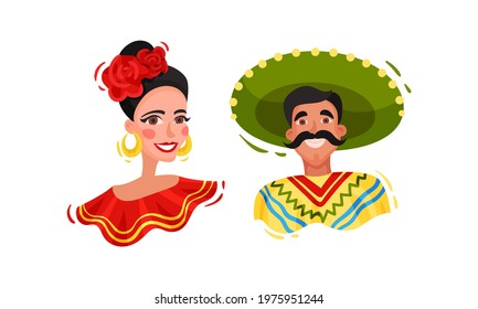 Woman with Red Flowers in Her Head and Moustached Man in Sombrero Hat as Native Mexican Apparel Vector Set