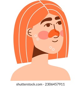 Woman with the red hair and acne,nose patch. Daily activity routine. Skincare procedure, dermatology treatment, cosmetology product, clear face, skin beauty.