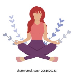 Woman with red hair meditating in heart shape leaves. Concept illustration for yoga, meditation, relax, recreation, healthy lifestyle. Vector illustration in flat cartoon style.