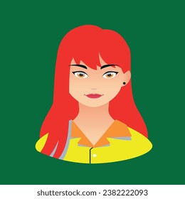 woman with red hair and orange eyes in yellow and red clothes in front of the background