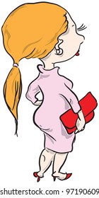 A woman with red hair in a pink dress and a red handbag. Vector illustration. Cartoon.
