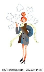 A woman with red hair styled in an elegant bun stands confidently while smoking a cigarette. She wears a chic gray coat and a light scarf, surrounded by whimsical puffs of smoke.