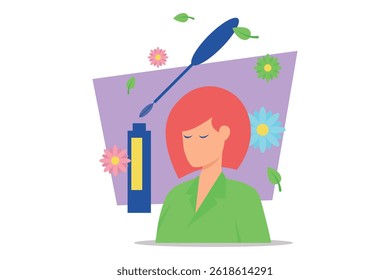 Woman with red hair surrounded by colorful flowers and green leaves while applying cosmetics. Lively beauty routine concept
