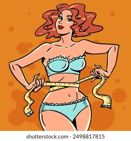 Una mujer con el pelo rojo y la ropa interior mide su cintura. Tamaños de ropa para diferentes personas. Una tienda de ropa muestra sus medidas para los Clientes. Ilustración vectorial retro del arte pop de la historieta del cómic