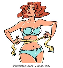 A woman with red hair and underwear measures her waist. Clothes sizes for different people. A clothing store displays its measurements for customers. Comic cartoon pop art retro vector illustration