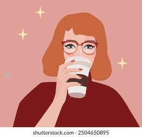 A woman with red hair, wearing a red sweater and glasses. She holds a glass with a drink in her hand, coffee. The girl is enjoying a drink. A cozy illustration creates a feeling of calm and warmth