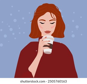 A woman with red hair, wearing a red sweater. a sky with white snow, and holds in her hand a glass with a drink, coffee. The girl has closed her eyes and is enjoying a drink. A cozy illustration