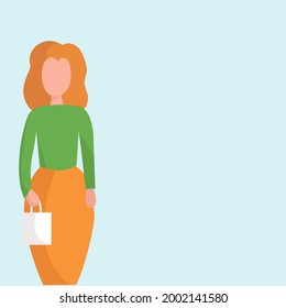 A woman with red hair with a white bag and a green sweater. The basis for your design. Vector illustration in flat style