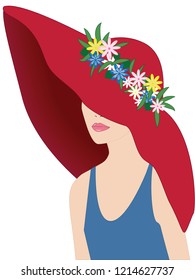 Woman in a red hat decorated with flowers - flat style - isolated on white background - vector