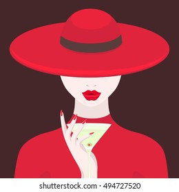 Woman in red hat and red dress with a glass in hand. The girl at the party. Vector illustration.