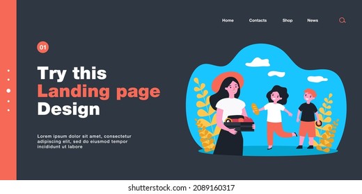 Woman in red hat treating children to pastries. Flat vector illustration. Young girl holding in hands box with buns, donuts, cakes, kids happy with treat. Food, pastries, childhood, dessert concept
