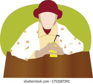 A woman with red hat who is sitting in a coffee shop, but she chooses to drink a glass of lemonade