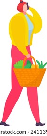 Woman with red hat and yellow jacket carries a shopping basket with vegetables. Groceries shopping, healthy food concept. Eco-friendly lifestyle vector illustration.