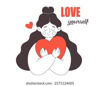 Woman with red heart. Love yourself. Self-care and acceptance. Mental health concept. Vector doodle illustration, hand drawn design