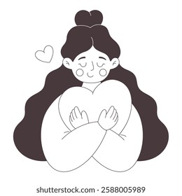 Woman with red heart. Love yourself. Self-care and acceptance. Mental health concept. Vector doodle illustration, hand drawn design