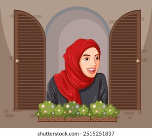 Woman in red hijab smiling at window