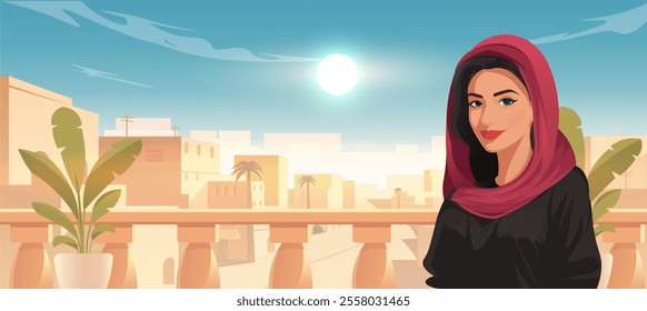 Woman in a red hijab with a sunny cityscape background. Vector illustration