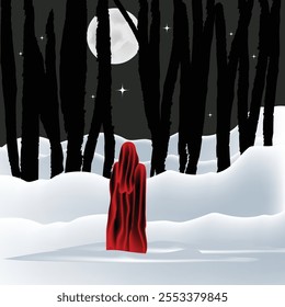 Una mujer con capucha roja y capa se para en un bosque oscuro cubierto de nieve observando la luna.