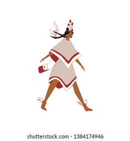 Woman red indian with a bag goes. Vector illustration.