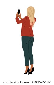 A woman in a red jacket is taking a picture of herself with a cell phone. She is wearing high heels and has blonde hair. Flat vector illustration isolated on white background