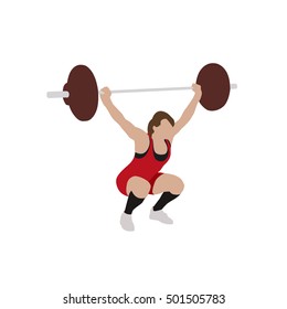 Woman in red jersey practicing with barbell. Weight-lifting flat illustration. Bodybuilding. Vector isolated silhouette