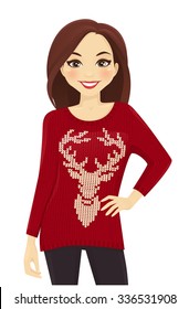 Woman in red knitted sweater