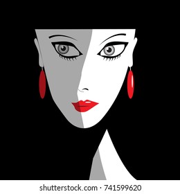 A woman with red lips and earrings is featured in a minimalist illustration.