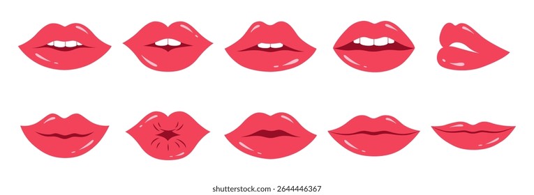 Woman red lips expressing different emotions. Female lips kissing, smiling, half open mouth etc. Vector illustration isolated on white background. 