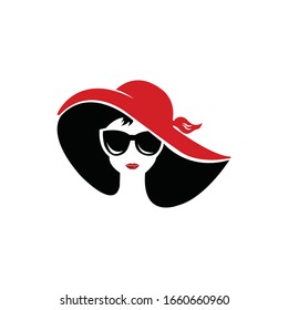 Woman with red lips in fashion hat. Abstract vector logo design template with girl silhouette. Concept for beauty salon, accessories, fashion, cosmetics.