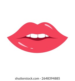 Woman red lips. Female half open mouth with teeth. Lips gloss. Vector illustration isolated on white background.