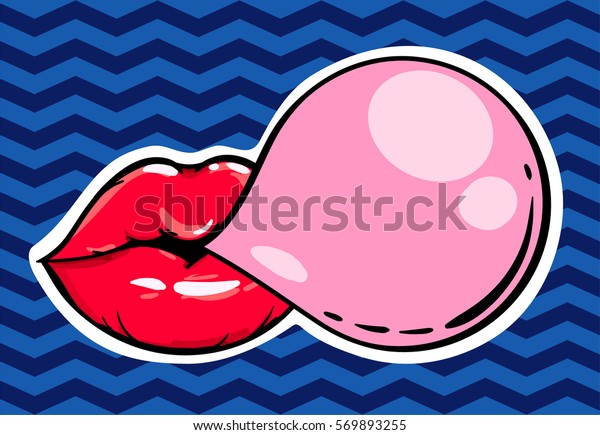 ポップアートの背景に女性の赤い唇とガムのバブル ベクターイラスト のベクター画像素材 ロイヤリティフリー